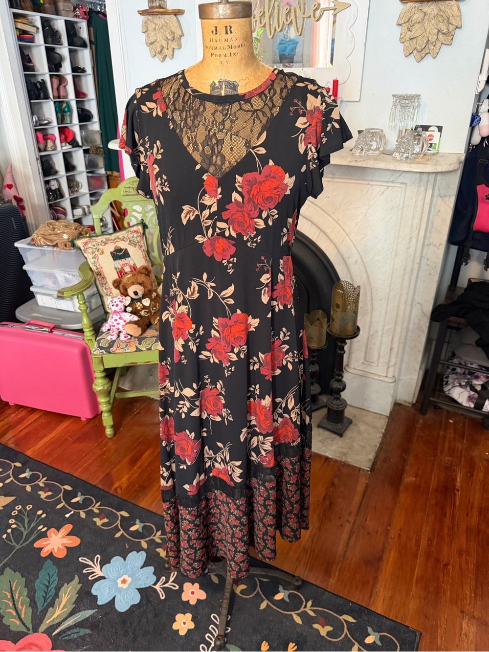 torrid Black Midi Dress with Red Rose Lace Yoke